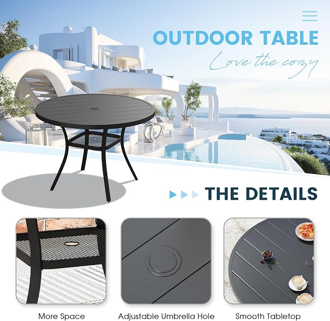 5 Pieces Outdoor Patio Dining Set, 40.6" All Weather Round Metal Table with Umbrella Hole and Storage Shelf, 4 High Back Textilene Swivel Chairs for Garden, Lawn, Black