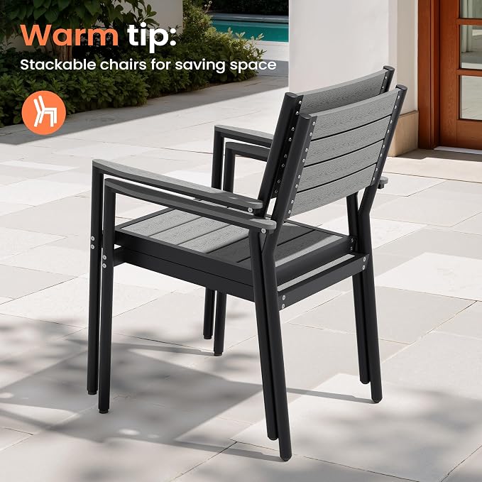 Pellebant Outdoor Dining Set for 8, 9 Pieces Aluminum Patio Table and Stackable Armrest Chairs with Umbrella Hole & Wood-Like Top, Grey