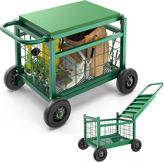 Garden Cart with Seat,3-in-1 Rolling Seat with Wheels for Seniors Gardening | Upgraded Heavy Duty Gardenning Cart with Seat, Supports up to 600 LBS for Seniors, Lawn, Patio & Backyard Gardening, Green