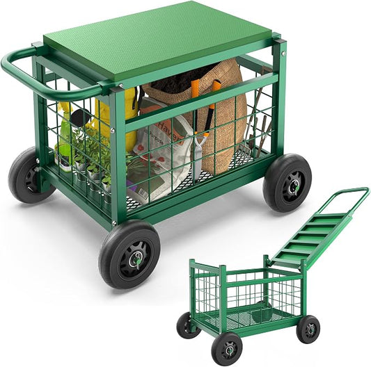 Garden Cart with Seat,3-in-1 Rolling Seat with Wheels for Seniors Gardening | Upgraded Heavy Duty Gardenning Cart with Seat, Supports up to 600 LBS for Seniors, Lawn, Patio & Backyard Gardening, Green