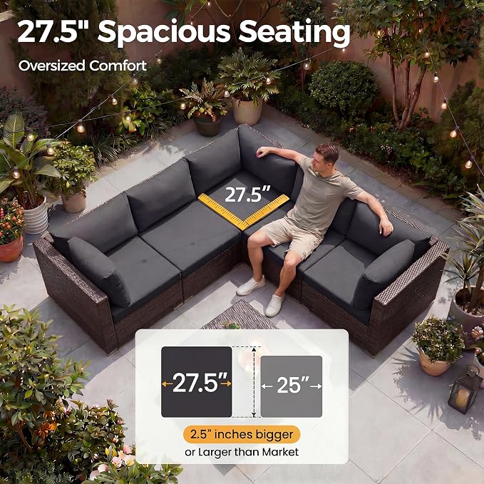NICESOUL 11 Pcs Modern Outdoor Patio Sectional Furniture Set with Fire Pit Table, 29.3'' High Back Conversation Sets with Firepit, Cozy Large U-Shaped L-Shape Couches, Brown Rattan and Gray Cushion