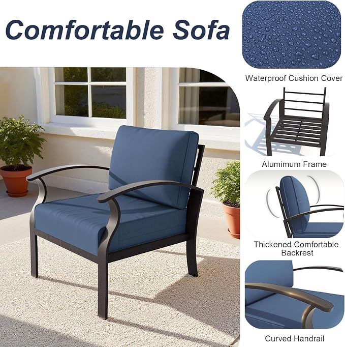 ALAULM Aluminum 2-Seat Patio Furniture Set, Metal Outdoor Furniture Sectional Sofas w/5.1" Cushions for Patio, Backyard, Poolside-DarkBlue