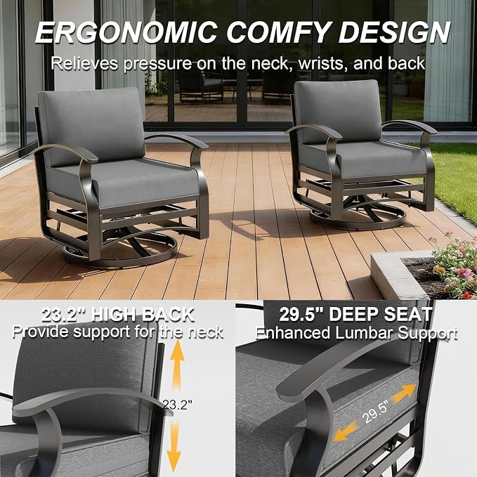 Gotland Aluminum Patio Furniture Set with Fire Pit Table, Metal Patio Furniture with 2 Swivel Rocking Chairs Waterproof 5.1'' Seat Cushions, Oversized Outdoor Sectional for Garden Balcony Porch Gray