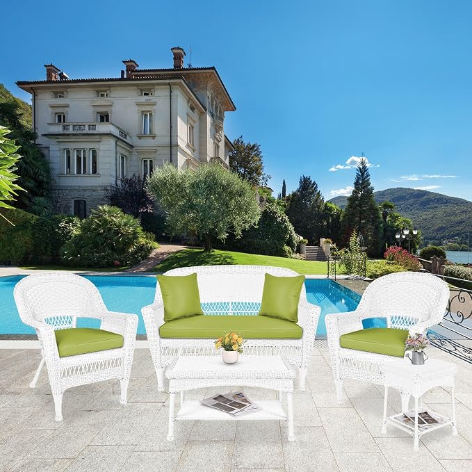 Jeco 5 Piece Resin Wicker Patio Conversation Set in White with Green Cushions