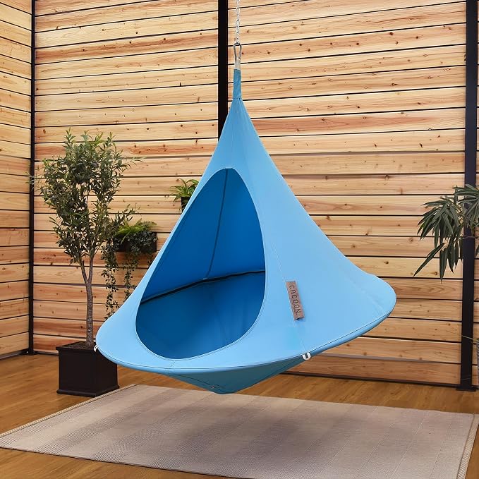 Single Cacoon Hanging Chair – Cozy Indoor/Outdoor Hammock with Polyester Canvas, 440 lb Capacity, Includes 18ft Rope & Carabiner (Turquoise)