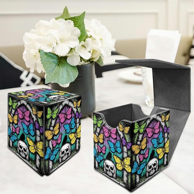 Woodgrain Butterfly Card Deck Box for MTG, Personalized Card Storage Case Fits 120+ Sleeved Cards, Premium Leather TCG Box with Strong Magnetic Closure for Magic, CCG, PTCG, Baseball Cards