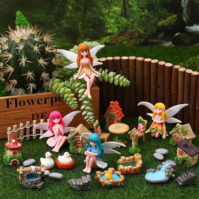 35 Pcs Fairy Garden Accessories Miniatures Garden Kit with Resin Fairies, Duck, Mushroom House & Bridge Miniature Accessories for Terrarium, Dollhouse & Outdoor Decor