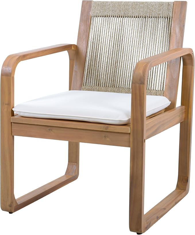 Christopher Knight Home Trazy Acacia Wood Outdoor Dining Set for 4, Patio Dining Table Set for 4, Outdoor Dining Table and Sled Base, Dining Chairs with Cushion + Rope Backrest, Teak + Brown + Beige
