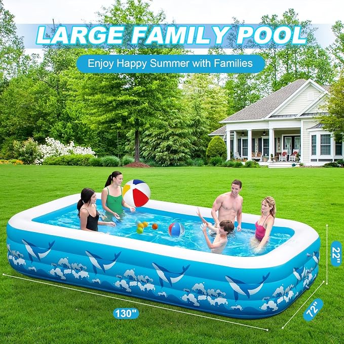 Large Inflatable Swimming Pool for Adults Kids - 130"x72"x22" Blow Up Pools Kiddie Pool with Pump, Oversized Thickened Family Inflatable Pools for Backyard Outdoor Garden Summer Water Party