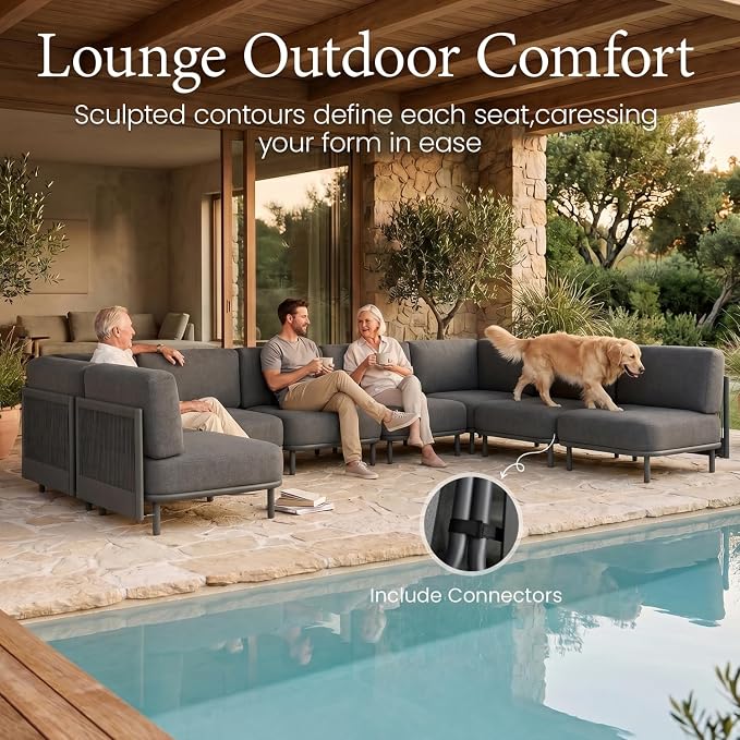 LayinSun 7 Pieces Patio Furniture Set, Modern Outdoor Modular Sectional Conversation Set L-Shaped Sofa with 7-inch Cushion for Garden Backyard Deck