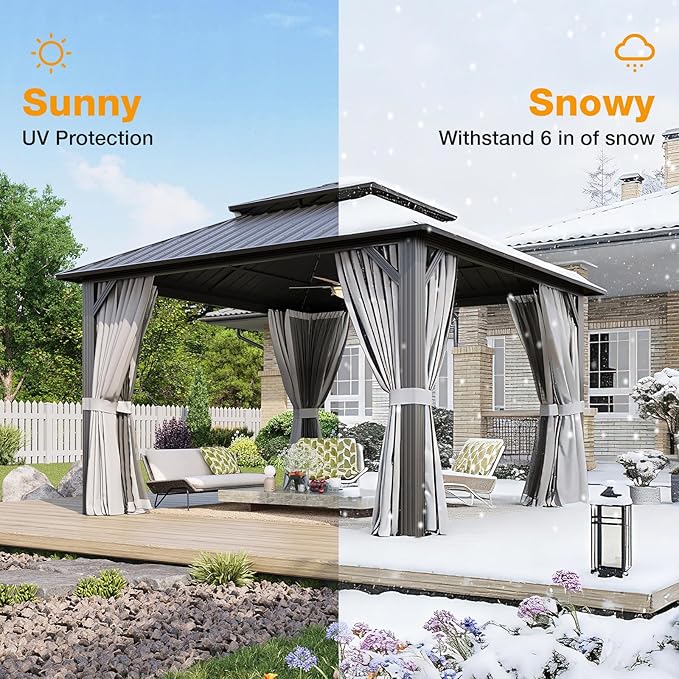 12x12FT Hardtop Gazebo, Metal Frame with Double Galvanized Steel Roof, Permanent Outdoor Pergola with Curtains and Netting Included for Backyard, Patio, Lawn and Garden, Gray