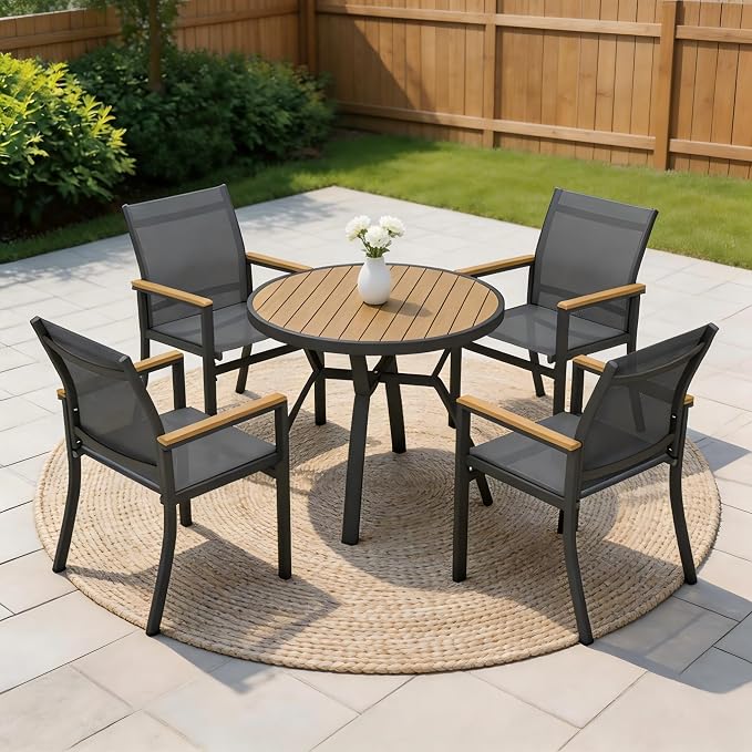 5-Pieces Aluminum Patio Table and Chairs Set, Outdoor Patio Furniture Set with Heavy Duty HDPS Round Table, All-Weather Outdoor Dining Set with Quick-Drying Breathable Textilene Chairs for Porch
