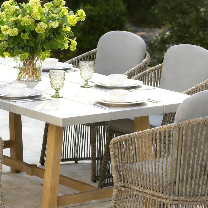 SUNSITT 7 Piece Outdoor Patio Dining Set, Patio Dining Furniture Set with 76” Aluminum Dining Table w/Umbrella Hole and 6 Woven Wicker Outdoor Patio Chairs w/Curved Armrest for Garden, Light Grey