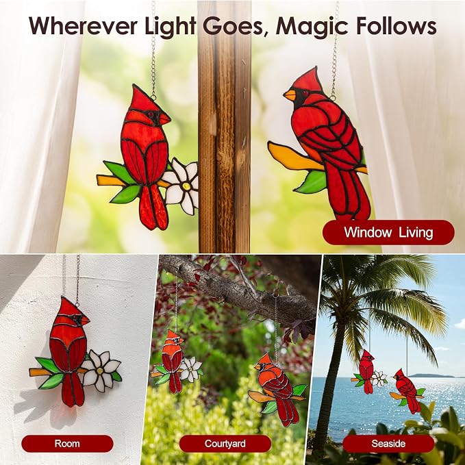 2 Pcs Cardinal Stained Glass Window Hanging Suncatchers, Sympathy Gifts for Loss of Loved One, Unique Nana Grandma Memorial Gift, Bird Decor & Christmas Ornament (6 Inch)
