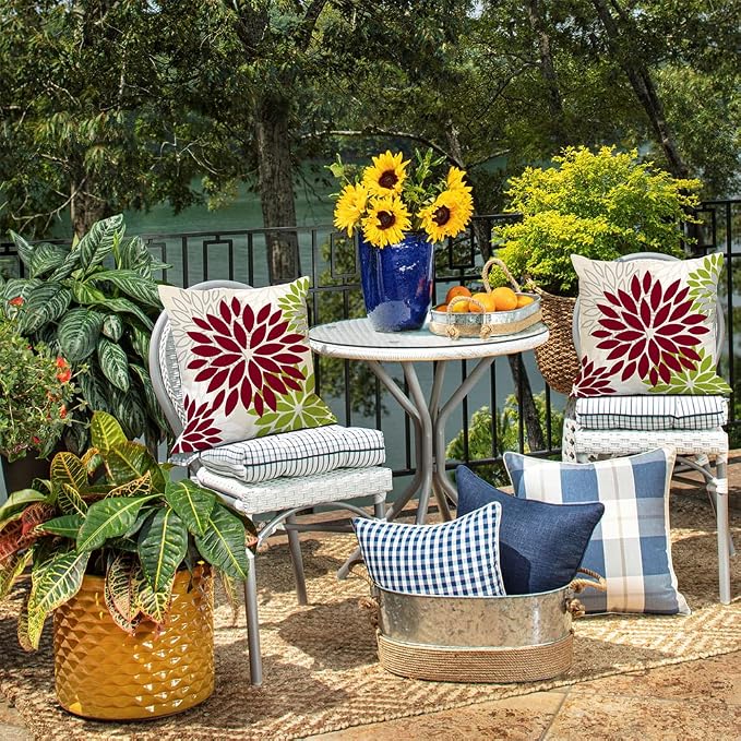 DFXSZ Outdoor Waterproof Pillow Covers 18x18 Set of 2 Wine Red Green Flower | Spring Summer Waterproof Flower Throw Pillowcases（No Inserts）Outdoor Decor for Patio Funiture Garden Polyester Covers