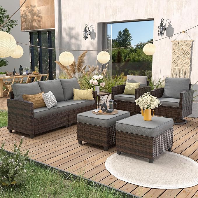 UDPATIO Patio Furniture Set, 6 Pieces Outdoor Sectional Couch with Swivel Rocking Chair, Brown Wicker Rattan Conversation Sofa, 4" Thick Cushion for Garden Backyard Deck, Dark Grey
