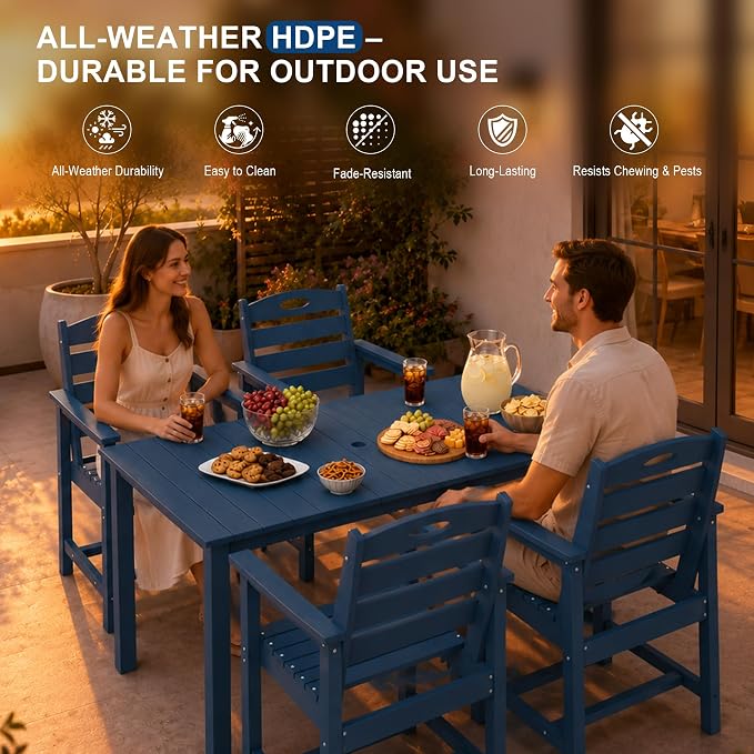 Domi HDPE Outdoor Dining Set, All-Weather 3 Piece Outdoor Dining Table Set with 2" Umbrella Hole, Outdoor Patio Dining Set for Garden, Poolside, Backyard, Deck, Blue