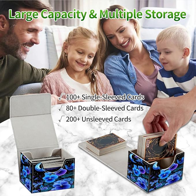 Card Deck Box for MTG, Cards Storage Box Fits 120+ Sleeved, Leather Small Size Strong Magnetic Closing Card Case for Board Games Magic TCG CCG Baseball Collection, Blue Flower Bird