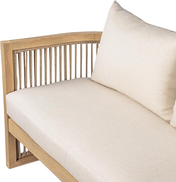 Christopher Knight Home 4-Piece Acacia Wood Patio Furniture Set, Mid-Century Modern Outdoor Conversation Set with Loveseat, Curved Club Chairs, Cushions & MgO Fire Pit for Backyard, Light Teak+White