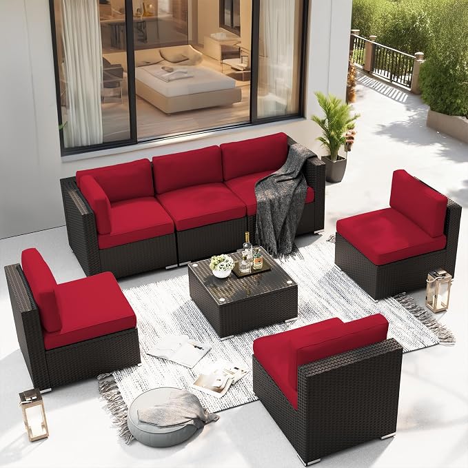 SUNCROWN 7-Piece Outdoor Patio Furniture Sofa Set All-Weather Wicker Sectional Conversation Set with Modern Glass Coffee Table, Cushions and Waterproof Cover,Red