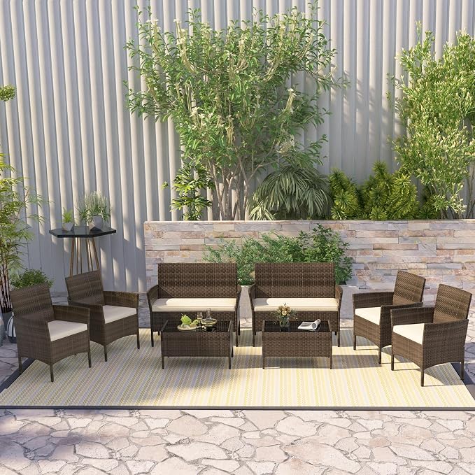 RELAX4LIFE 8-Piece Patio Furniture Set - Rattan Outdoor Conversation Bistro Set w/Cushions, Glass Coffee Table, Wicker Chairs & Loveseat for Garden Backyard Porch, Balcony Furniture Set (2, Beige)