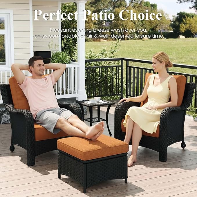 LayinSun 7 Piece Wicker Outdoor Furniture Set with 6-inch Comfy Cushions, High Back Patio Furniture Set with Rattan Armchairs and Fire Pit Table