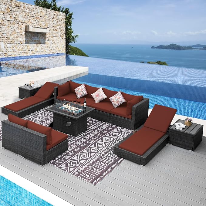 NICESOUL 11-Piece Patio Furniture with Chaise Lounge, Modern Wicker Outdoor Sectional with Fire Pit, Comfortable 29.3'' High-Back Conversation Seating, Heavy Duty All-Weather Couch Set, Grey & Red