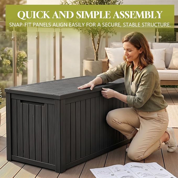 Waterproof Outdoor Storage Box Outside Deck Box Lockable Resin Bench UV Resistant Furniture Cushion Pool Tool Float Bin Patio Garden Porch (Black, 200 Gallon)