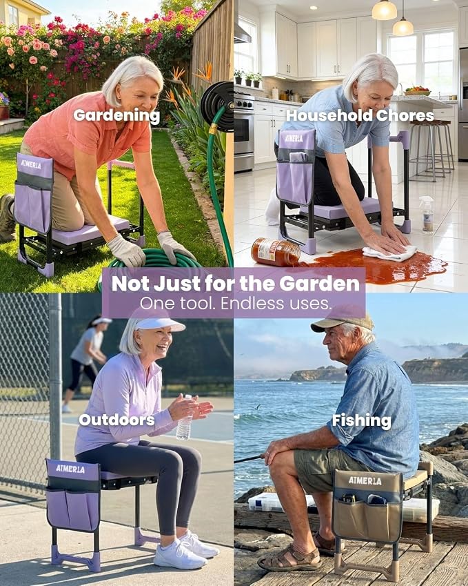Aimerla K7 Foldable Garden Kneeler Seat, Upgraded Anti-Slip Base, 350LBS Capacity, 10.2" Wide EVA Pad & Detachable Cloud Cushion, 2-in-1 Kneeler Bench for Seniors, Gardening Gifts for Parents