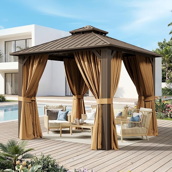 10x10FT Hardtop Gazebo, Metal Frame with Double Galvanized Steel Roof, Permanent Outdoor Pergola with Curtains and Netting Included for Backyard, Patio, Lawn and Garden, Brown