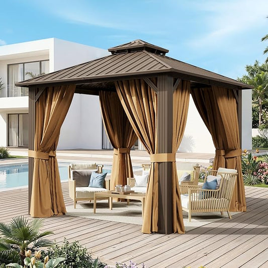 10x10FT Hardtop Gazebo, Metal Frame with Double Galvanized Steel Roof, Permanent Outdoor Pergola with Curtains and Netting Included for Backyard, Patio, Lawn and Garden, Brown