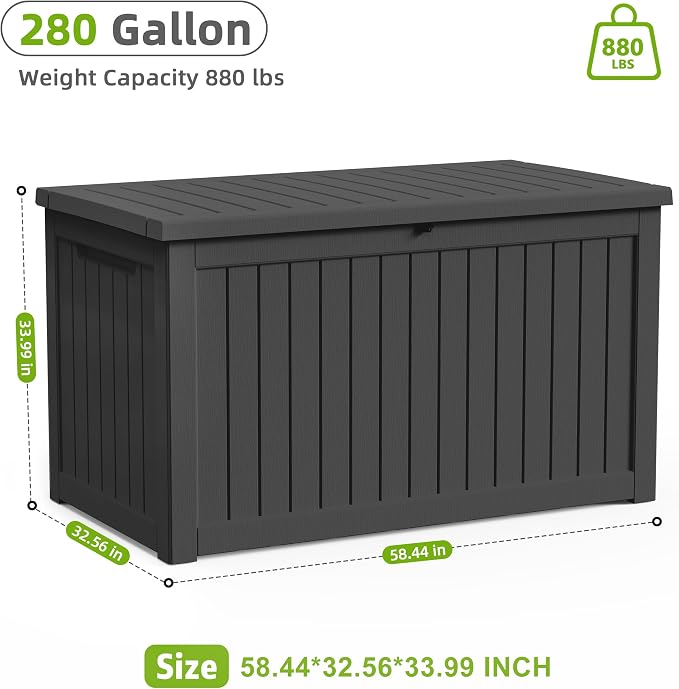 DRATO 280 Gallon Deck Boxes Outdoor Waterproof, Resin Large Lockable Storage Box, Outdoor Storage Bench for Patio Cushions Furniture, Garden Tools, Pool Accessories (Black, 280 Gallon)