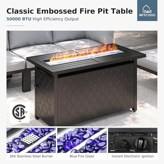 MFSTUDIO 6 Pieces Outdoor Sectional with Fire Pit Table, Metal L-Shaped Outdoor Patio Furniture Set with Cushion, Modular Patio Conversation Set, Modern Backyard Furniture for Deck,Garden