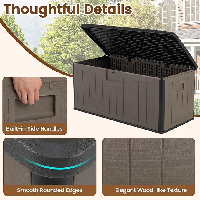 Giantex 100 Gallon Deck Box, Waterproof Resin Box with Lockable Lid, 440Lbs Outdoor HDPE Storage Container Bench for Patio Furniture Cushions, Pool Tools & Garden Accessories (Black+Brown)