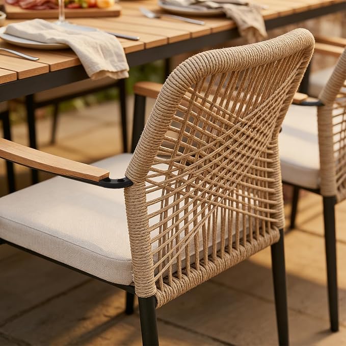 SUNSITT 9 Piece Outdoor Patio Dining Set, Patio Dining Furniture Set with 82.6” Metal Dining Table w/WPC Tabletop and 6 Woven Rope Patio Chairs w/WPC Armrests for Garden, Beige