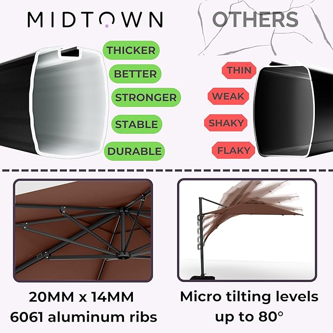 Midtown Umbrellas 9 x 9 Ft Outdoor Cantilever Patio Umbrella w/Sunbrella Bay Brown - Tilt 360° Rotate Offset Patio Umbrella, Deck Patio Umbrella, Backyard Umbrella & Garden Umbrella - Black Frame