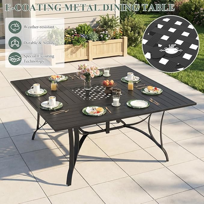 9 Pieces Patio Table and Chairs Set, 59.6" Square Dining Table with Umbrella Hole, 8 High Back Textilene Swivel Chairs,Dining Table Set for 8,Outdoor Furniture for Porch Deck Yard Balcony, Blue