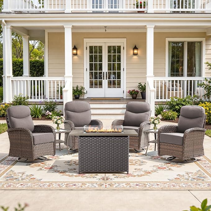 7-Piece Luxury Patio Furniture Set with 6-Inch Thick Cushions, High-Back Outdoor 4 Swivel Rocking Chairs with Wicker 42" Fire Pit, All-Weather Conversation Set for Porch, Deck, Yard or Poolside Gray