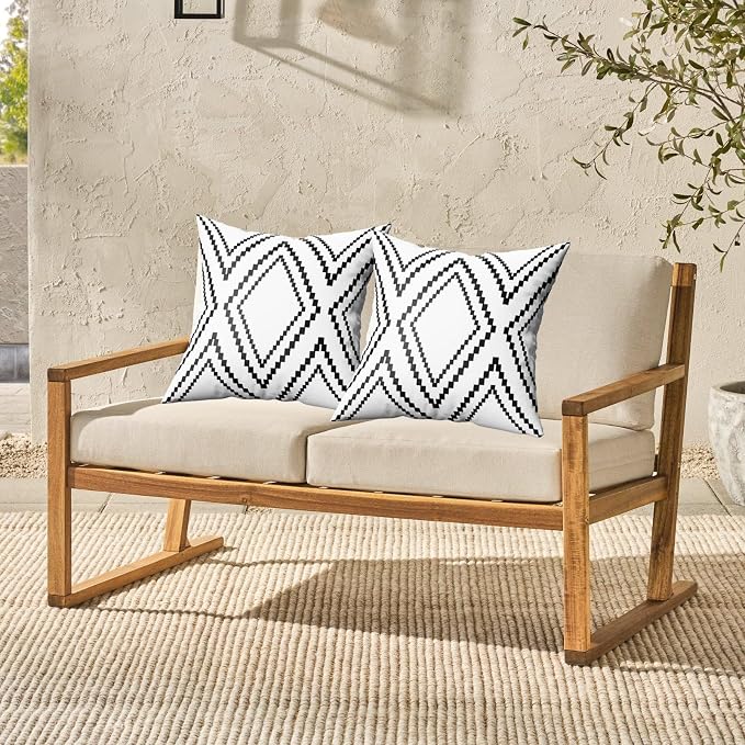 Outdoor Pillow Waterproof Set of 2, Boho Farmhouse Throw Pillow Covers Geometric Pillow Cases for Patio Furniture, Outdoor Pillow Covers for Couch, Black More(Black&White-02, 22x22 Inch)