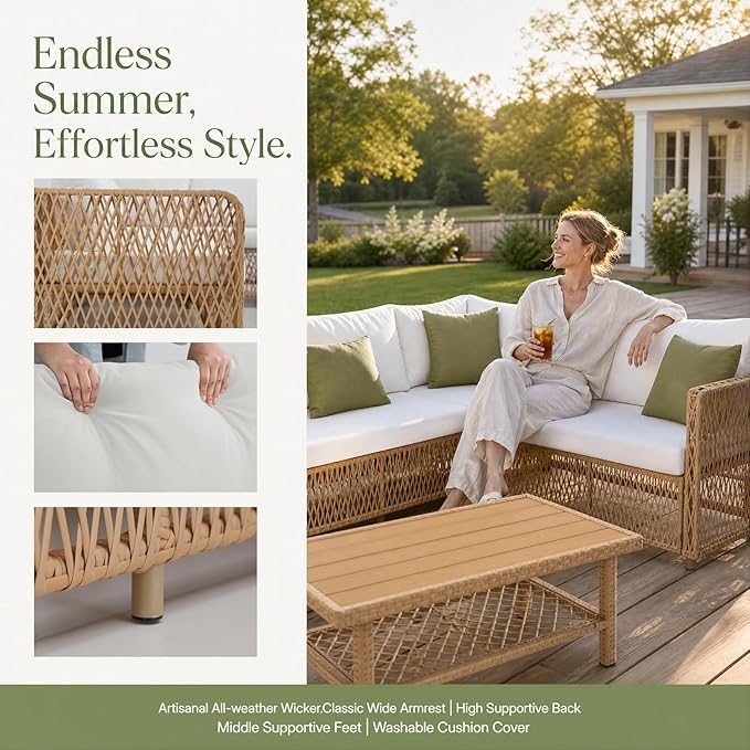 ABCASA Outdoor Patio Sectional Furniture Set with Waterproof Cover, Oversized Wicker Outdoor Furniture Set w/Water-Resistant Fabric & Thick Cushion, L Shaped Patio Conversation Set for Pool Yard,Beige