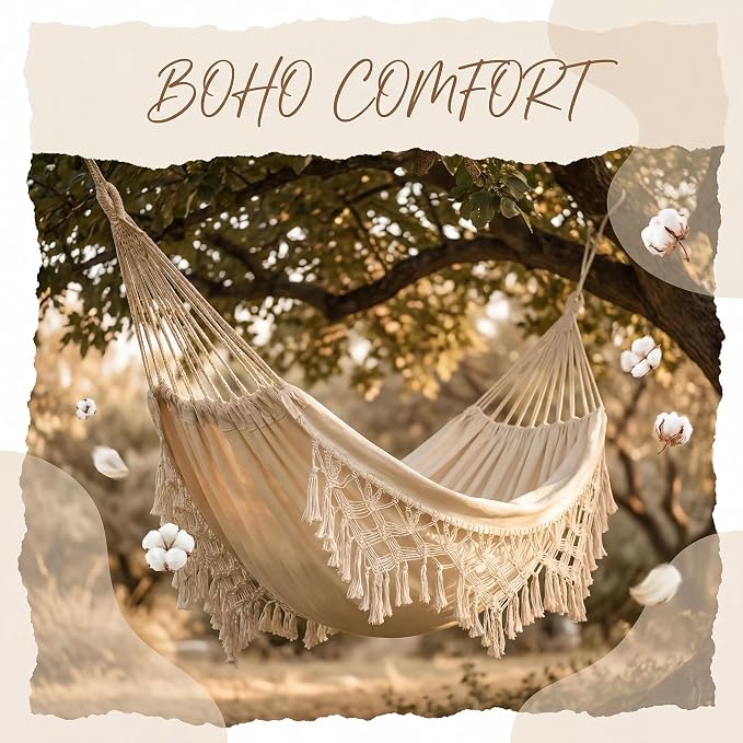 Outdoor Hammock Garden Cotton Hammock Macrame Fringe Hammocks Boho Balcony Hammocks with Handmade Tassels 2 Person Double Hamock 480lbs for Home,Backyard,Beach,Patio