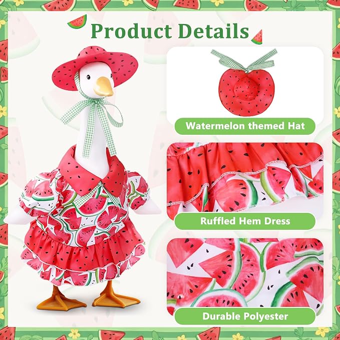 Watermelon Porch Goose Outfit, 23 inch Porch Goose Summer Outfit with Watermelon Dress and Hat, Cute Goose Clothes for Outdoor Garden Yard Patio Lawn Art Decor