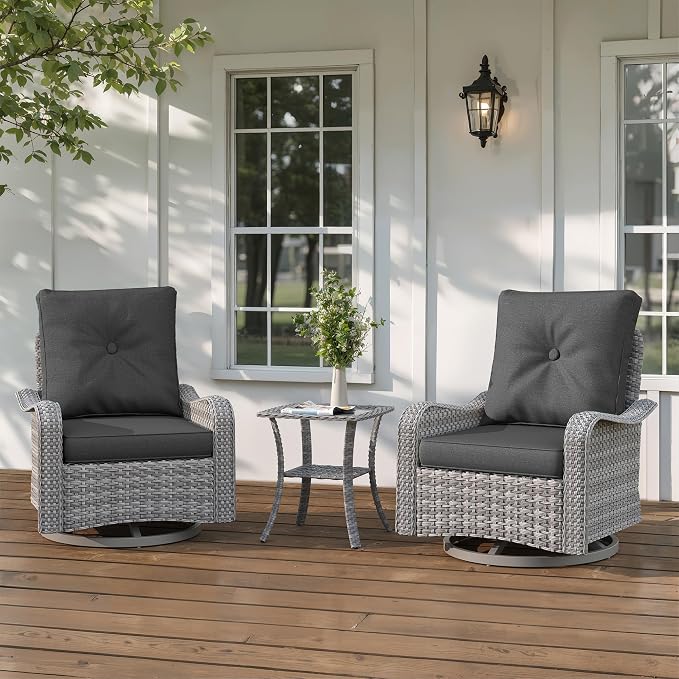 3-Piece Patio Furniture Set, Outdoor Swivel Rocking Chairs with 4" Thick Cushions & Side Table, All-Weather PE Rattan & Rust-Resistant Steel Frame Conversation Set for Porch, Garden, Charcoal Gray