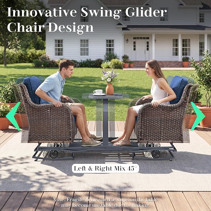 Rilyson Luxury Outdoor Wicker Glider Rocker Chairs for 2 Seats, Patio Wicker Rattan Glider Rocker Chairs with Table, Rocker Chairs Outdoor Furniture Sets for Patio Porch Pool Brown/Blue