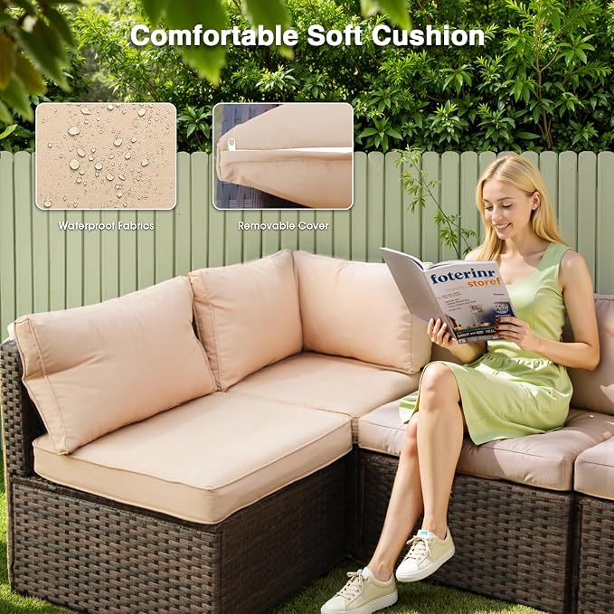 11 Piece Patio Furniture Set All Weather PE Rattan Outdoor Sectional Sofa Couch with No-Slip Cushions and Glass Top Table for Garden, Poolside, Backyard (Beige)