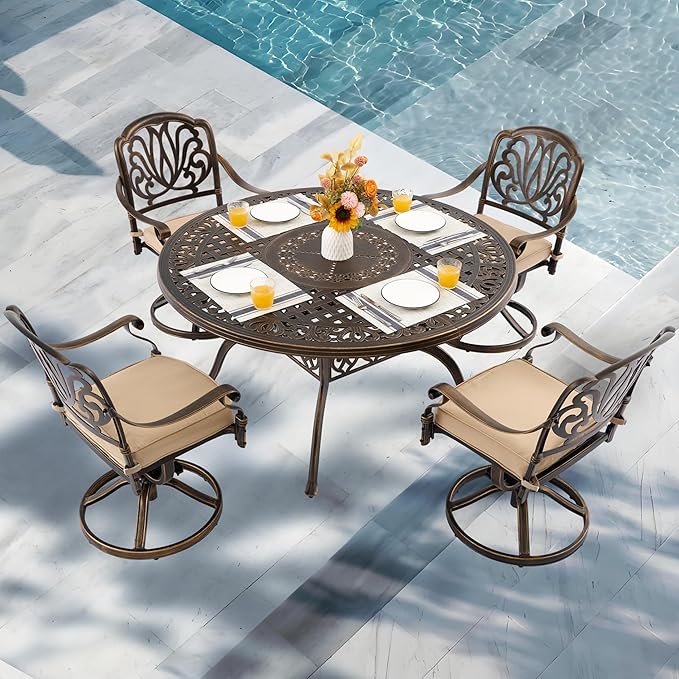 5-Piece Cast Aluminum Outdoor Table and Chairs, Classic Vintage Patio Dining Set for 4 Include 54.5" Round Dining Table and 4 Swivel Chairs with Removable Cushion and Umbrella Hole