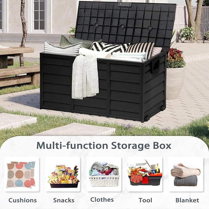 SUNCROWN 75 Gallon Deck Storage Box Resin Outdoor Storage Container with Handles for Patio Garden Yard Porch Poolside, Black
