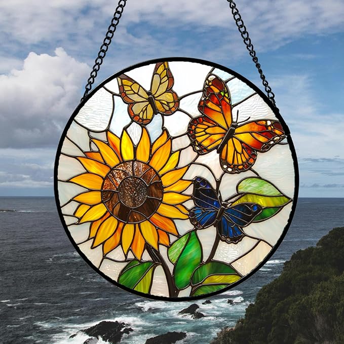 DASTOLL Stained Glass Window Hanging, Butterfly and Sunflowers Sun Catchers Glass Panel Plant Insects Suncatcher Decor for Birthday for Women, Men, Wife, Aunt, and Mom 14.9x14.9 in
