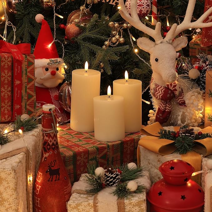 Flickering Flameless Candles with Remote, Real Wax Battery Operated Candles with Timer, 3D Wick Ivory Striped Fake LED Candles for Christmas Home Wedding Party, Gifts for Mom, Set of 3