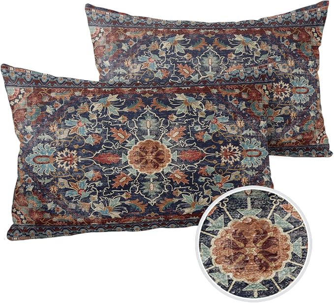 Waterproof Throw Pillow Covers for Couch Patio Living Room Furniture Garden Balcony, Vintage Flower Pattern Rectangle Cushion Cases Home Decorations, 20 x 12 Inch Set of 2